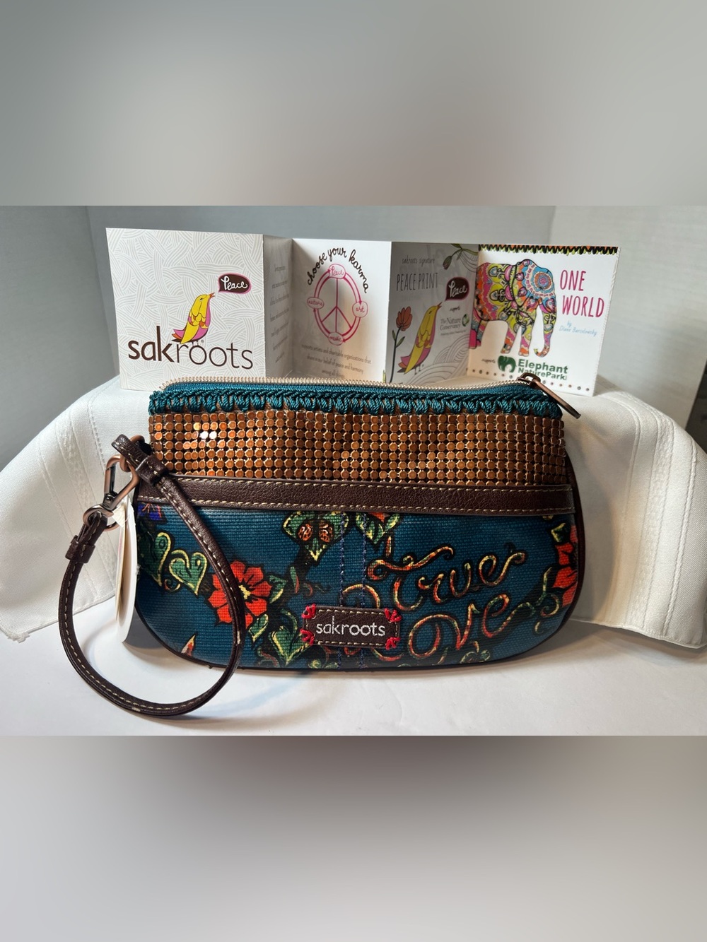 Sakroots Teal Floral and Brown Sequin Wristlet Clutch	 w/Zipper Closure NWT